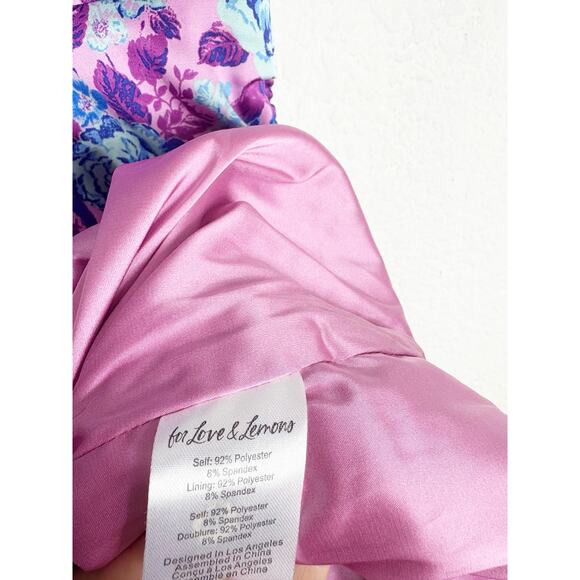 For Love & Lemons Tahiti Ruched Mini Dress Small Purple Floral Satin Cottagecore - Picture 6 of 14
